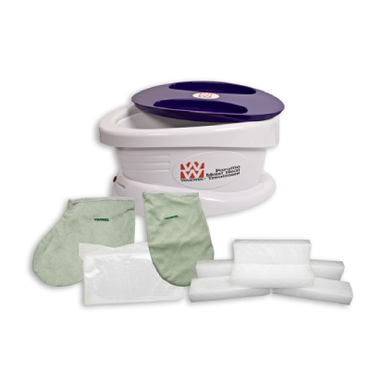 Paraffin Wax Bath_WaxWel | Standard Unit Includes 6 lb Unscented Wax, 100 Liners, 1 Mitt, 1 Bottie - TherapyCart